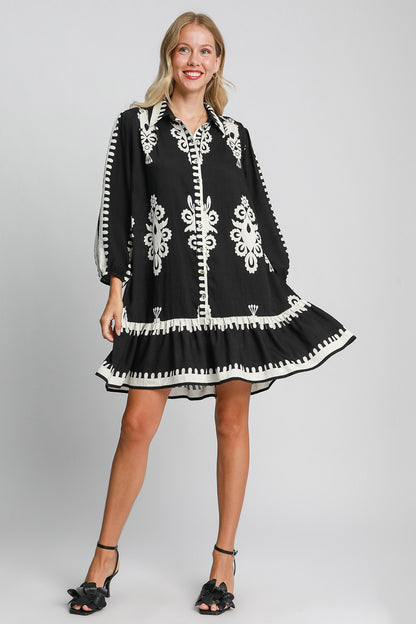 Umgee Border Print Button Down Ruffled Hem Dress