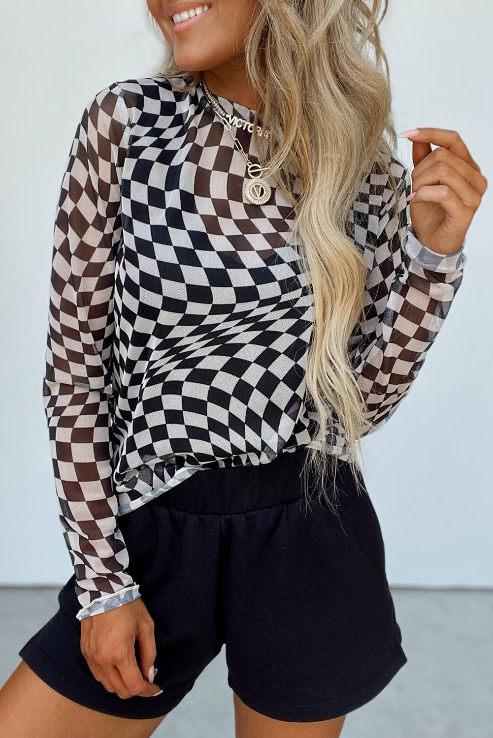 Checkered Mock Neck Long Sleeve Blouse