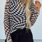 Checkered Mock Neck Long Sleeve Blouse