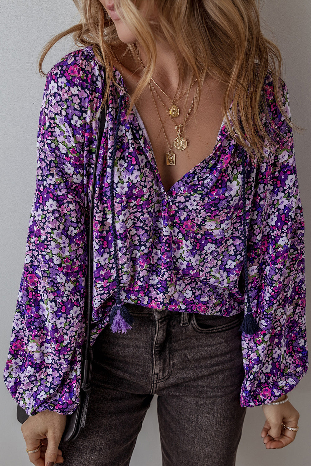 Floral Tie Neck Balloon Sleeve Blouse