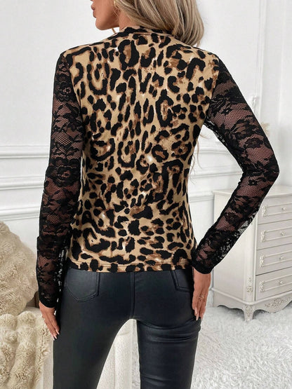 Lace Patchwork Mock Neck Long Sleeve Top