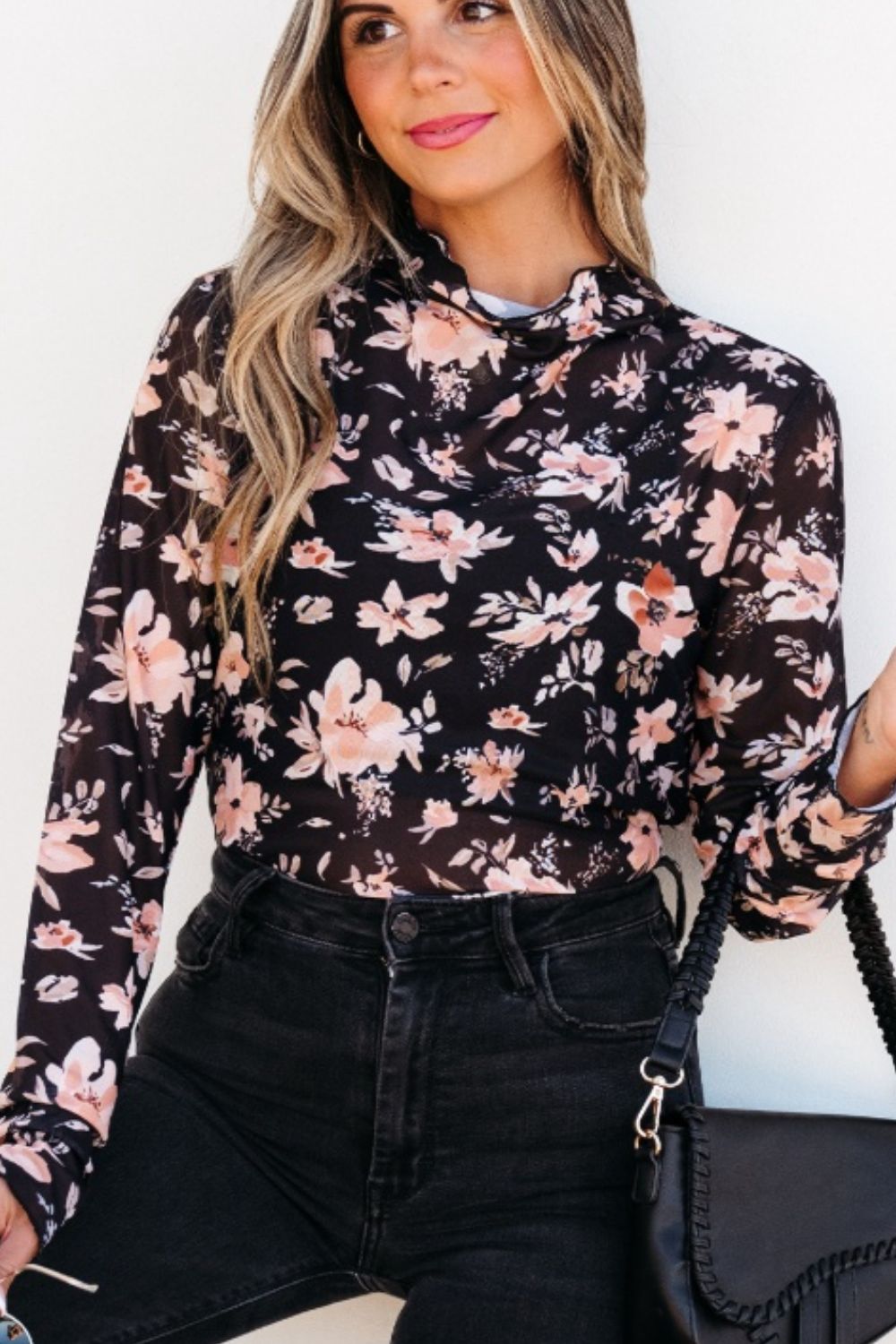 Floral Mock Neck Long Sleeve Blouse