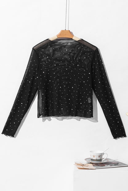 Rhinestone Sheer Mesh Mock Neck Long Sleeve Top