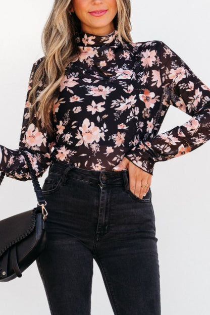 Floral Mock Neck Long Sleeve Blouse