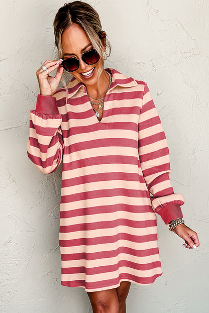 Contrast Striped Johnny Collar Long Sleeve Mini Dress