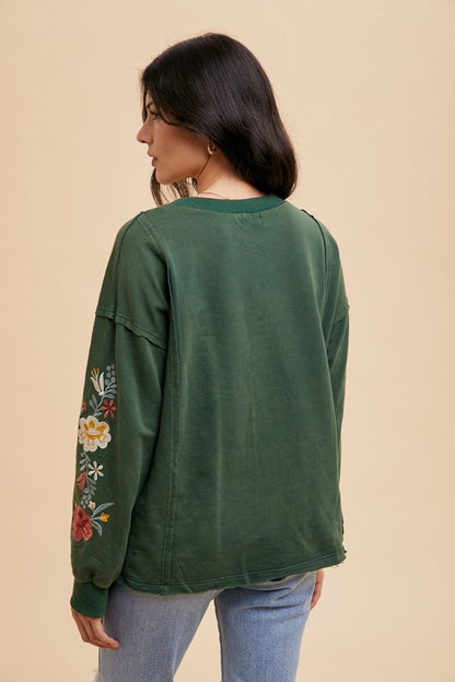 Annie Wear Embroidered Long Sleeve French Terry Top