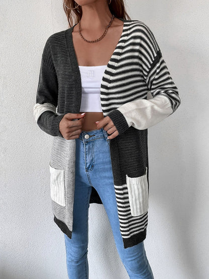 Women's striped color blocking buttonless knit cardigan