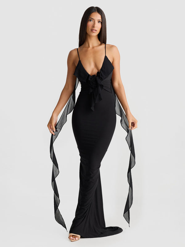 Hot girl's new sexy dress V-neck backless slim shoulder fishtail evening dress